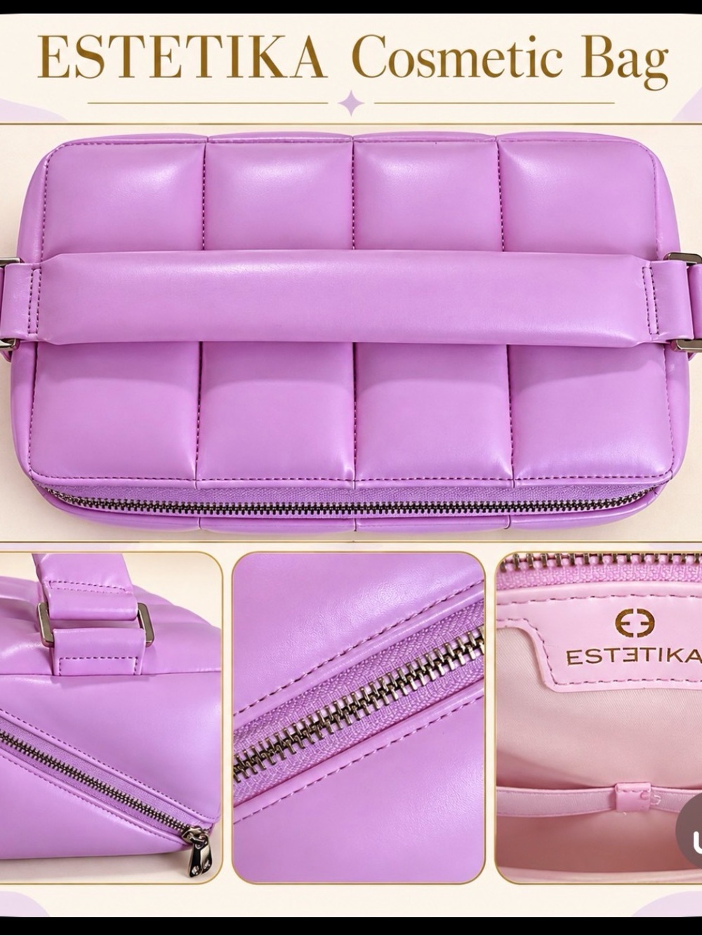Estetika Lavender Quilted Cosmetic Pouch Bag with  Top Strap